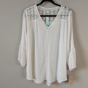 JohnPaulRichard Ivory Lace Sheer Blouse Size XL V-neck Three Quarter Sleeves